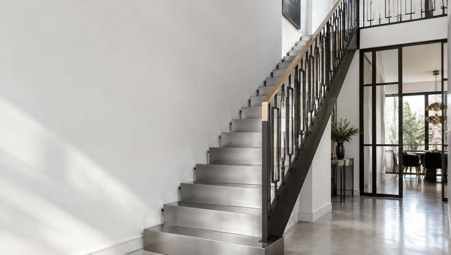Inspiration de ferronnerie : escalier en métal argenté, garde-corps noir et bronze et verrière d’intérieur